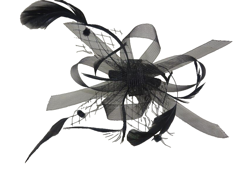 FLORAL ROSETTE DESIGN BLACK LOOP STIFFENED NET ENHANCED WITH LONG SLIM FEATHERS