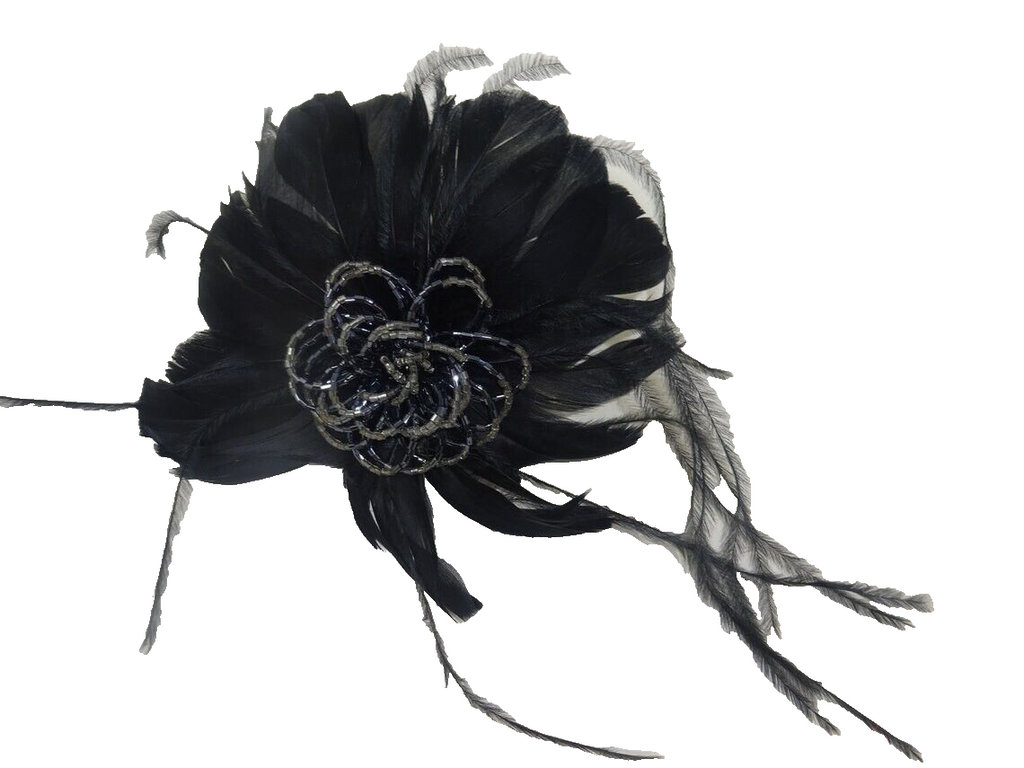 Hair Fascinator Corsage and Brooch Black Feathers with Decorative Silver Beading
