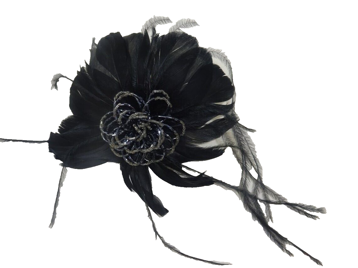 Hair Fascinator Corsage and Brooch Black Feathers with Decorative Silver Beading