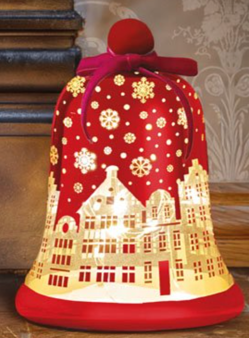 LED Light Up Christmas City Buildings & Snowflake Bell Ruby Red Glass 18cm Tall
