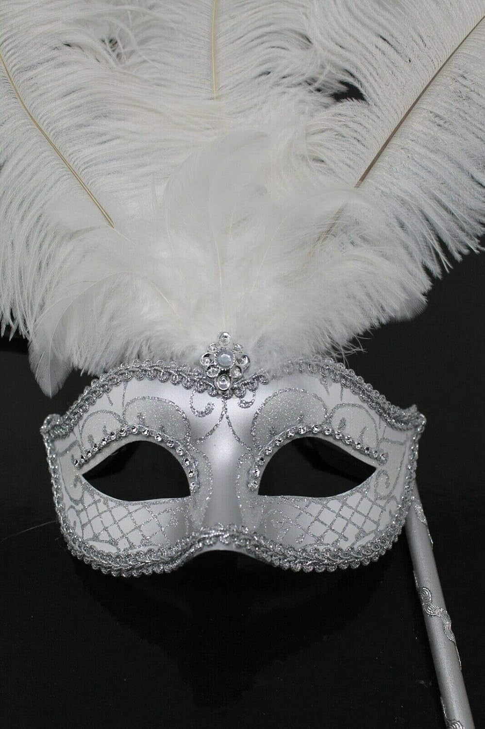 WHITE SILVER VENETIAN MASQUERADE PARTY CARNIVAL BALL EYE FEATHER MASK HAND HELD