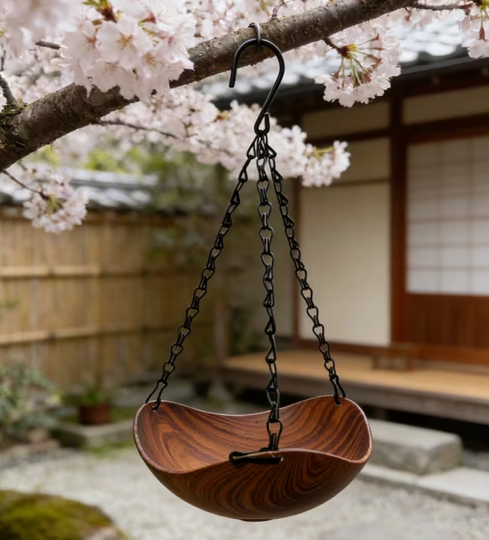 Dark Wood Grain Bird Bath Garden Ornament 35cm Hanging Depth & Cleaning Brush