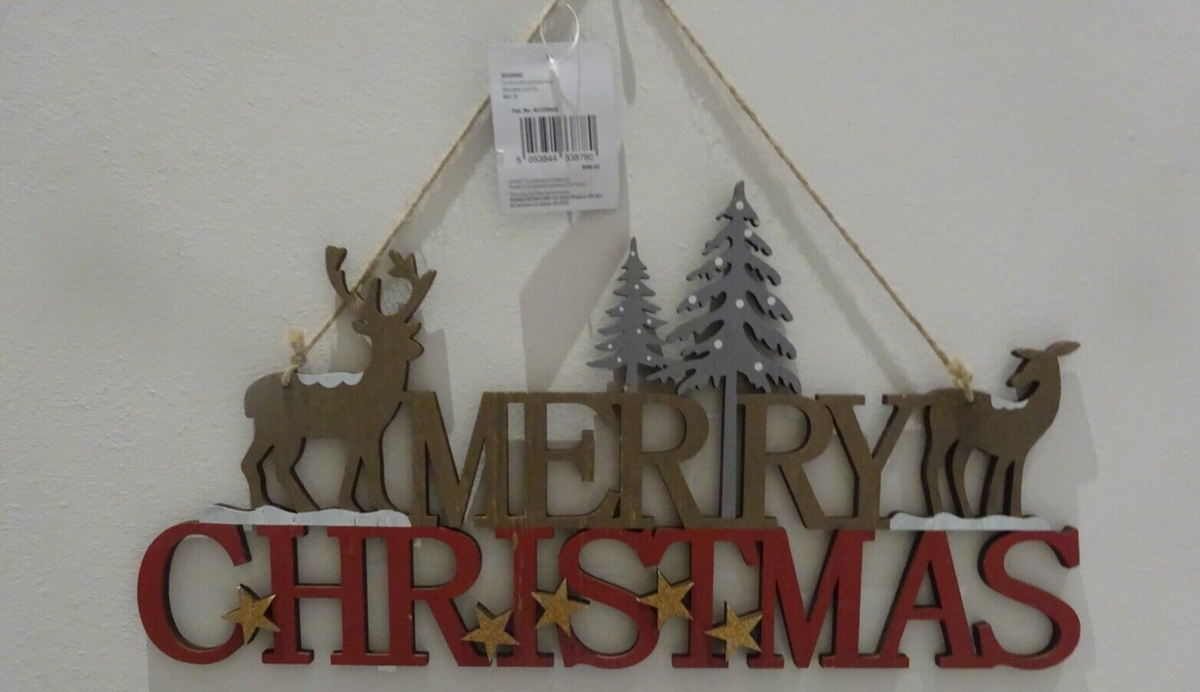 Wooden Merry Christmas Sign Winter Forest Reindeer Hanging Decoration 41cm Wide