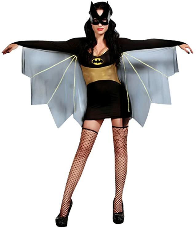 4 PIECE BATWOMAN SEXY COSTUME DRESS WITH CAPE, MASK, STOCKINGS AND THONG SIZE 10