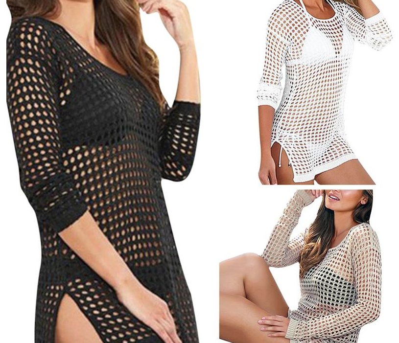 Black Ivory Cream Beach Bikini Crochet Style Mesh Dress Cover Up One Size 8-12