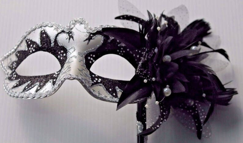 BLACK SILVER WHITE VENETIAN MASQUERADE BALL SWAN EYE MASK WITH FLOWER HAND HELD