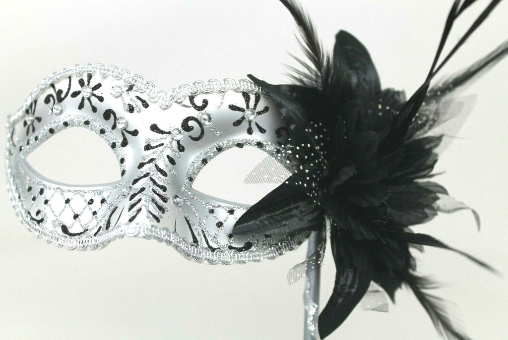 GLITTERING JEWELS BLACK & SILVER VENETIAN MASQUERADE PARTY MASK ON A HAND STICK