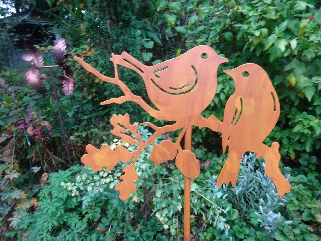 Core-Ten Rusty Two Robins on a Twig on a Long Stake Garden Ornament 1 metre High