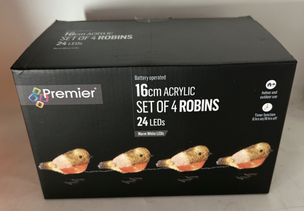 Christmas LED Light Up 4 Acrylic Robins Decoration 16cm Timer Indoor Outdoor