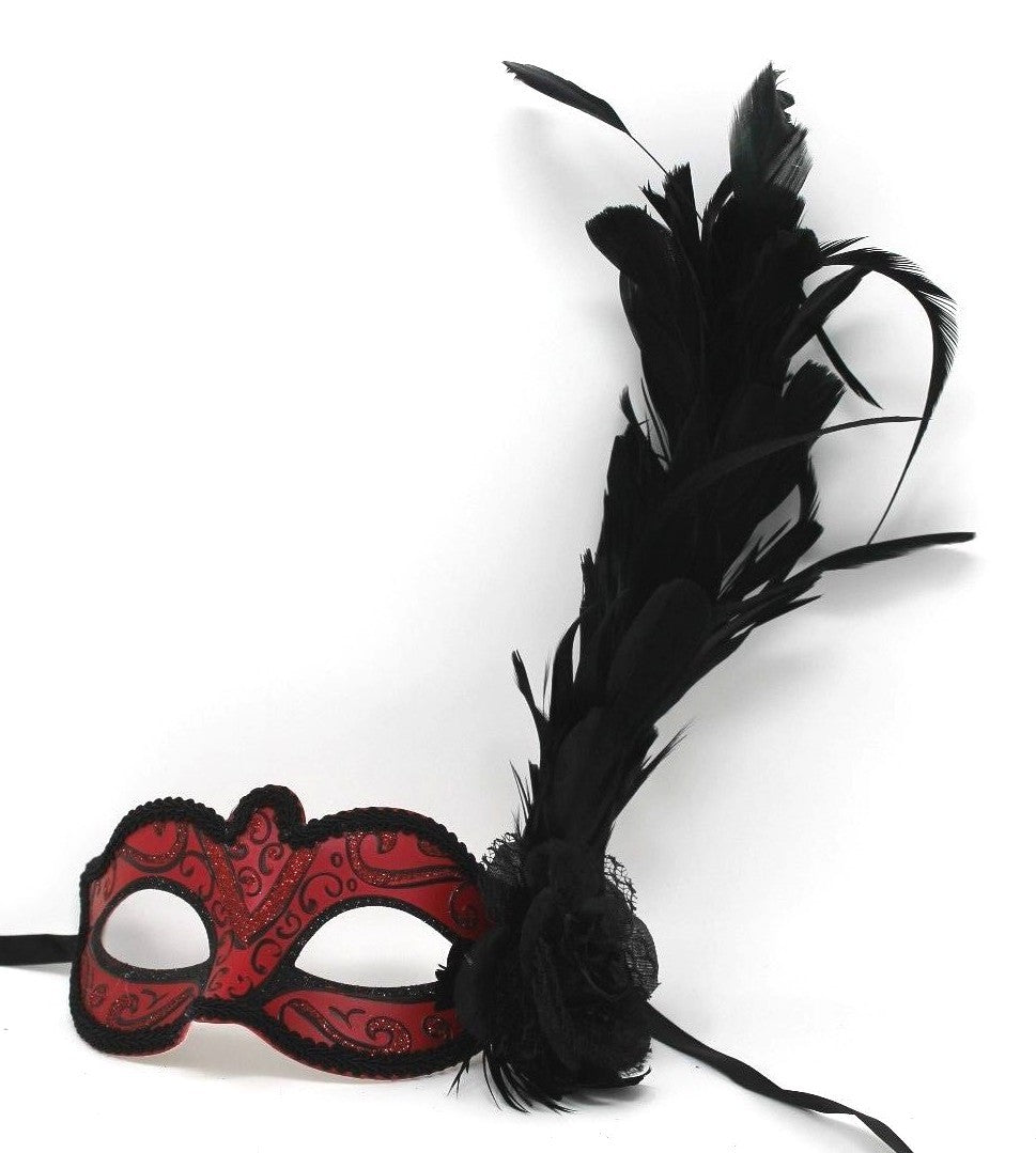 RED BLACK FLOWER BENDY FEATHERS VENETIAN CARNIVAL MASQUERADE PARTY EYE MASK