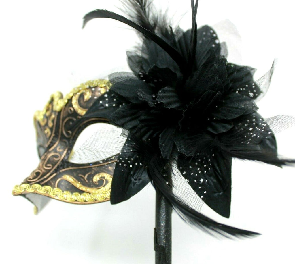 BLACK AND GOLD Venetian Carnival Masquerade Mask on a hand held stick