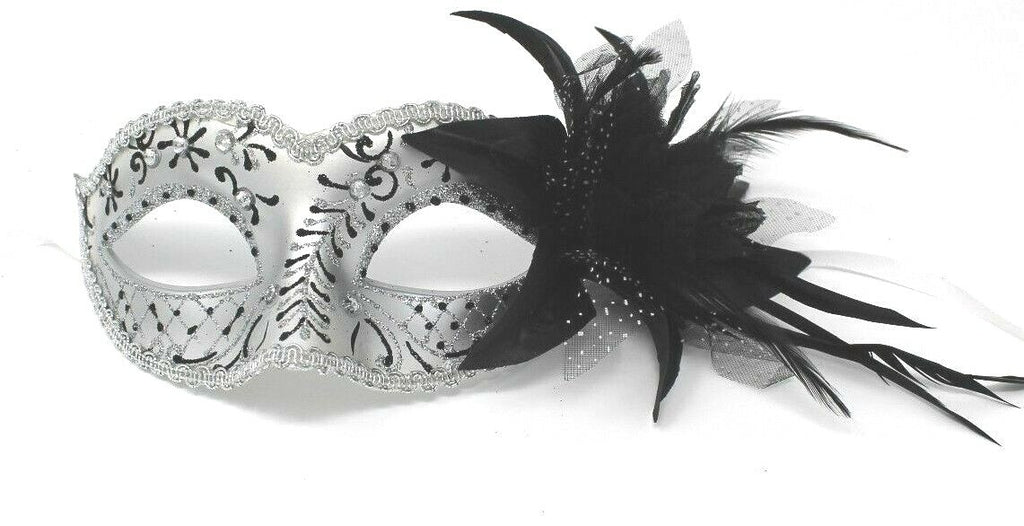 GLITTERING BLACK & SILVER JEWELLED VENETIAN MASQUERADE PARTY CARNIVAL BALL MASK