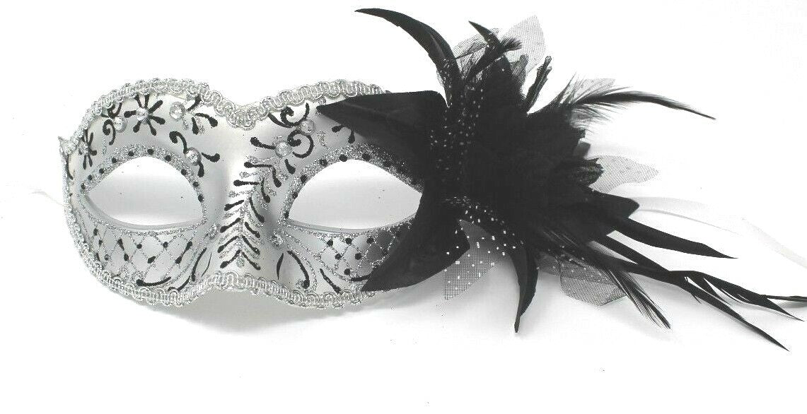 GLITTERING BLACK & SILVER JEWELLED VENETIAN MASQUERADE PARTY CARNIVAL BALL MASK