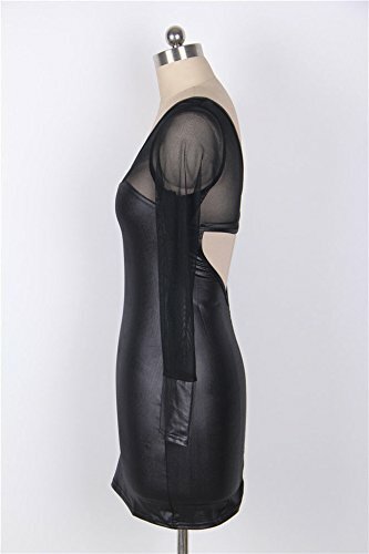 Stylish Sexy Black Faux Leather & Sheer Short Dress Single Sleeve Bodycon 8-10