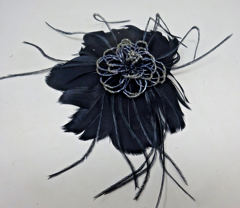 Hair Fascinator Corsage & Brooch Black Feather Petals & Beaded Centre- Funeral