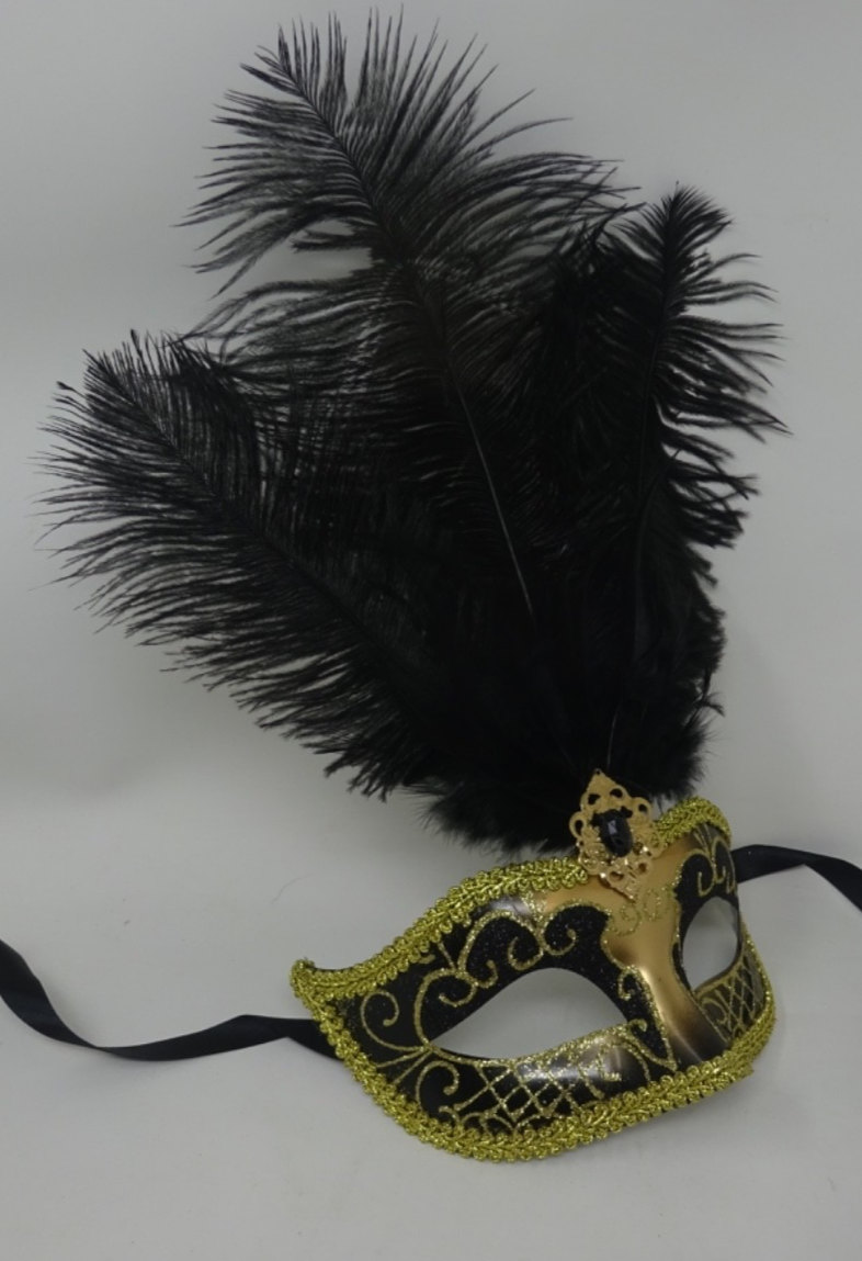 Black & Gold Long Feather Venetian Masquerade Carnival Party Ball Prom Eye Mask