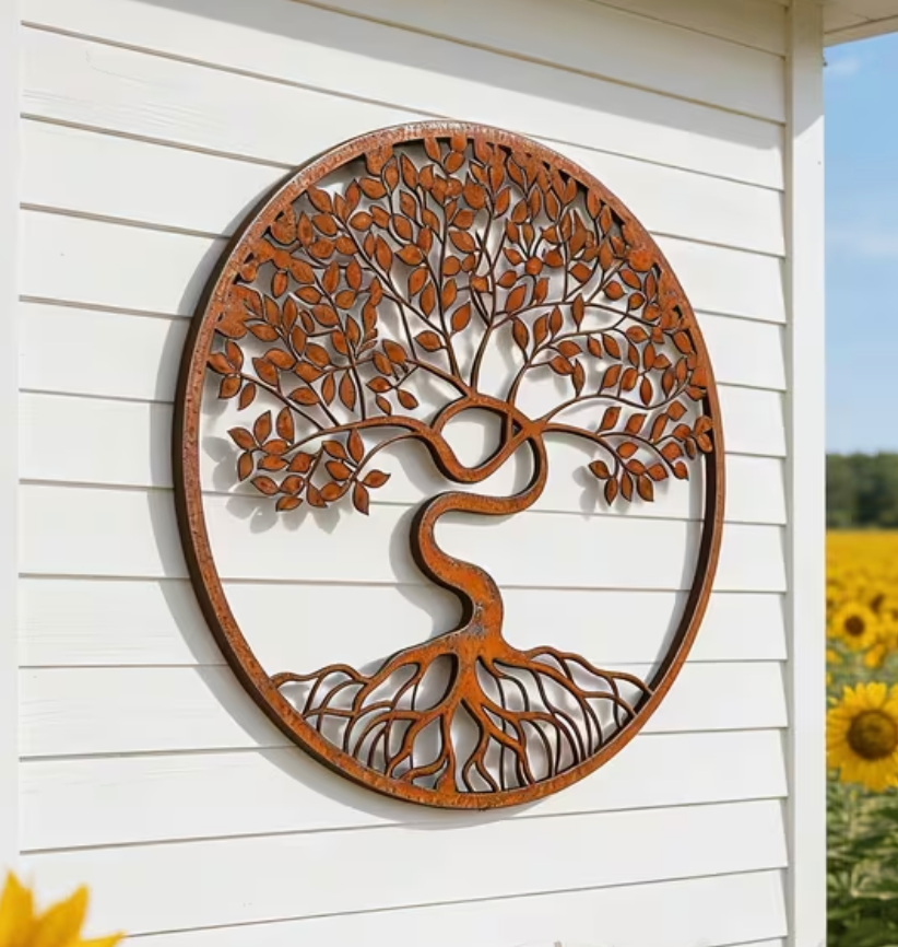 Circular Metal Rusty Tree of Life Garden Ornament 30cm Diameter Wall Plaque