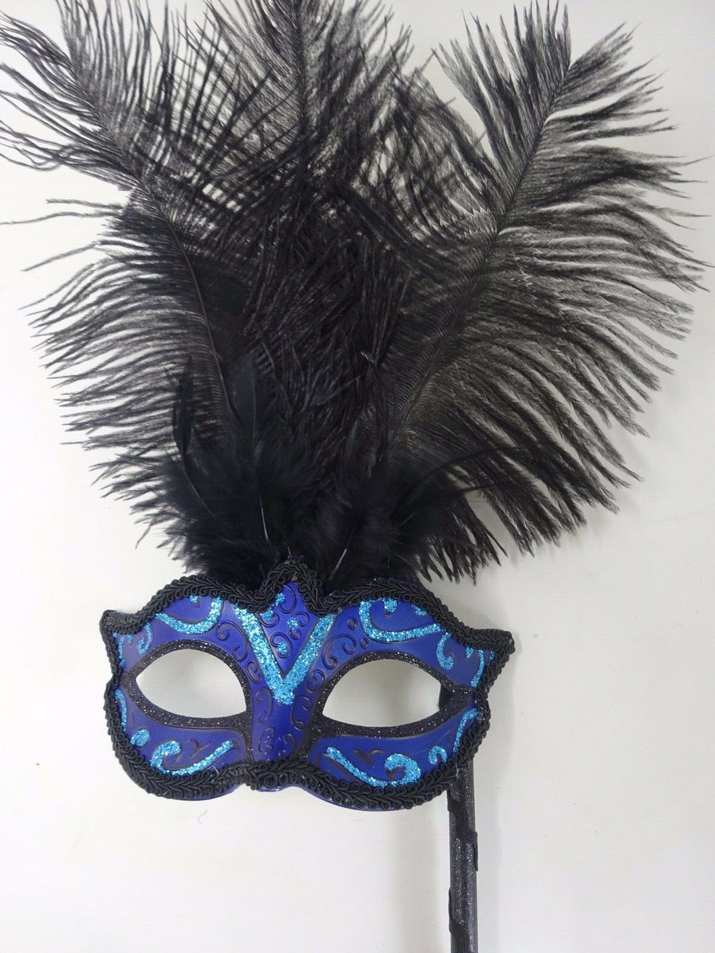 Venetian Masquerade Ball Carnival Mask Hand Held Stick Turquoise Blue & Black