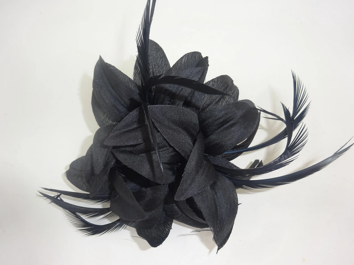 Hair Fascinator Corsage and Brooch Black with Fabric Petals and Slim Feathers