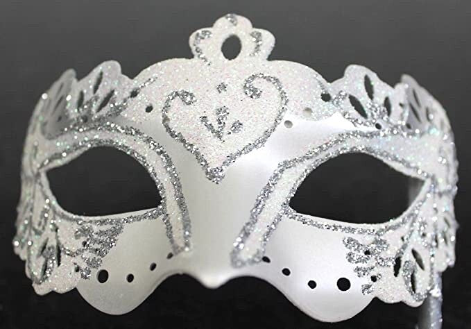 WHITE & SILVER RIALTO VENETIAN MASQUERADE PARTY CARNIVAL BALL ON HAND HELD STICK