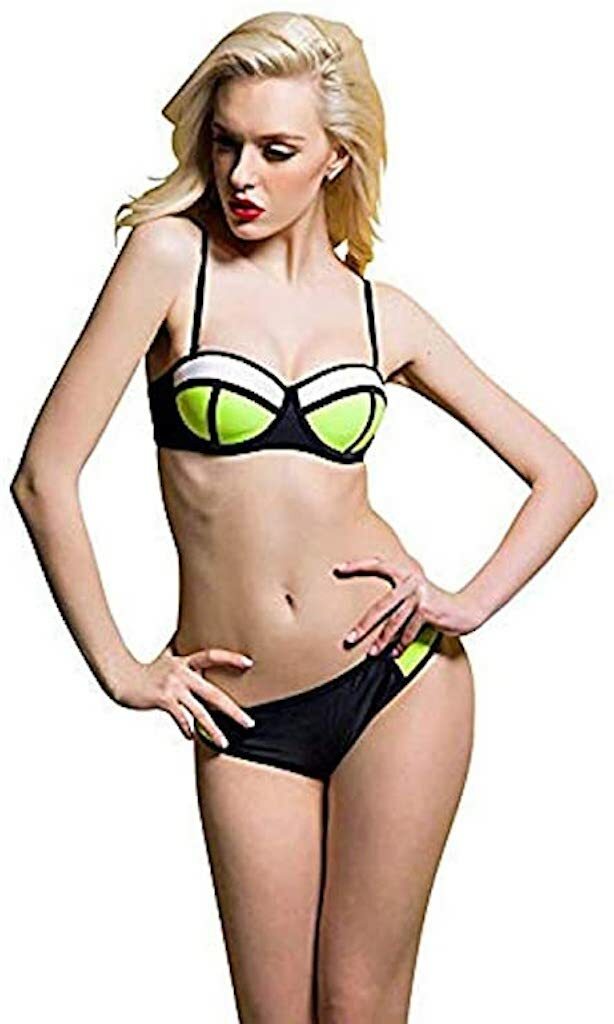 Ladies Lovely Quality Push Up Neoprene Bikini Green White & Black Size 10-12