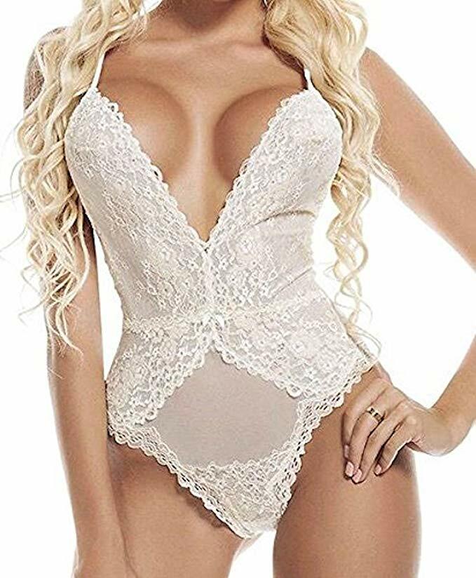 Ladies White Sheer Fabric & Lace Sexy Teddy Babydoll Body Lingerie Size 10