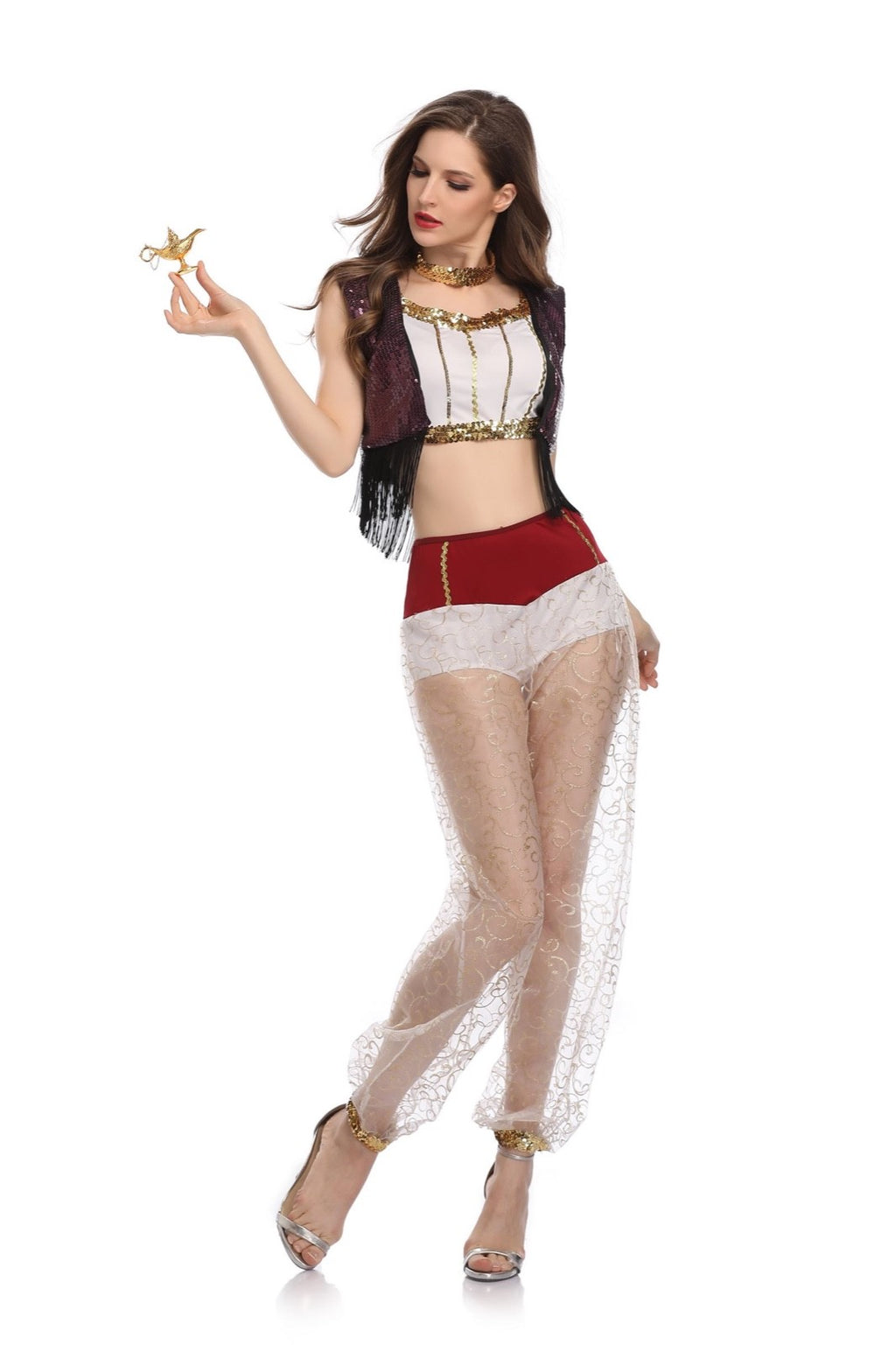 5 Piece Arabian Nights Belly Dancing Harem Bra Pants Waistcoat & Fez Size 8-12