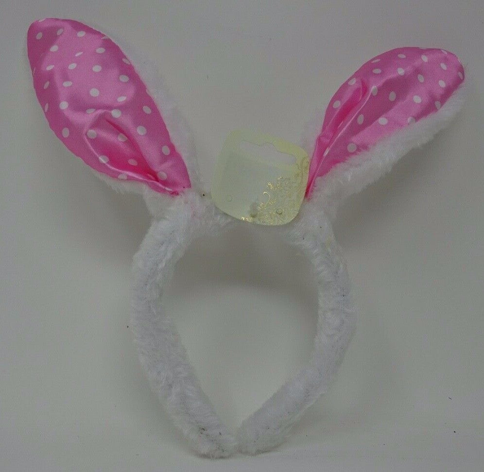 Pink & White Spots Fur Furry Rabbit Bunny Ears on a Fur Headband 28cm Easter