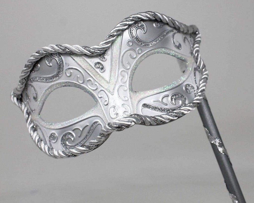 SILVER WHITE BRAIDED VENETIAN CARNIVAL MASQUERADE PARTY EYE BALL MASK ON A STICK