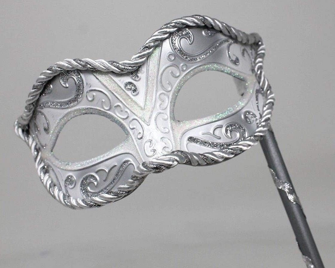 SILVER WHITE BRAIDED VENETIAN CARNIVAL MASQUERADE PARTY EYE BALL MASK ON A STICK