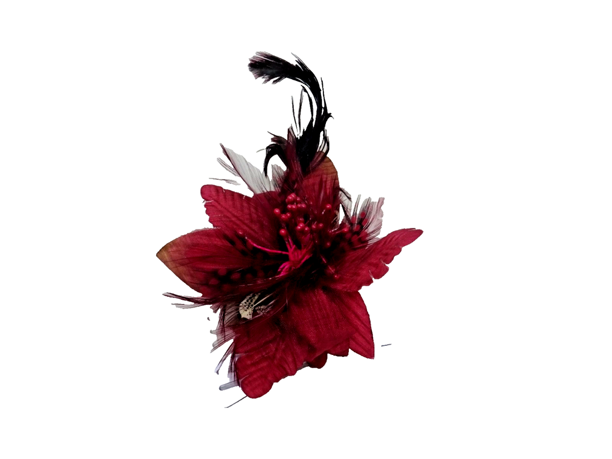 Dark Red Fascinator Fabric Petals Beaded Stamens Mixed Feathers on Clear Comb