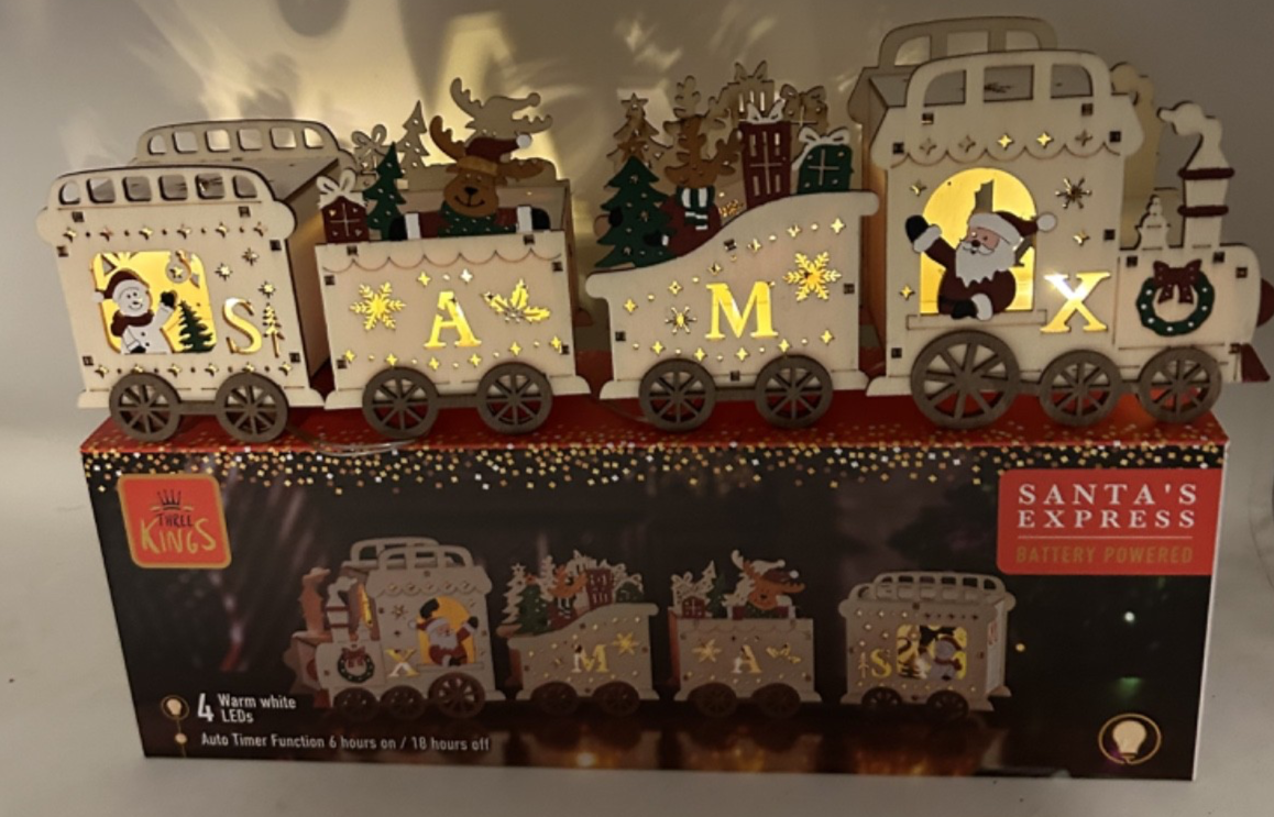 Wooden Santa Claus Express Train Locomotive LED Light Up Decoration 40cm Long