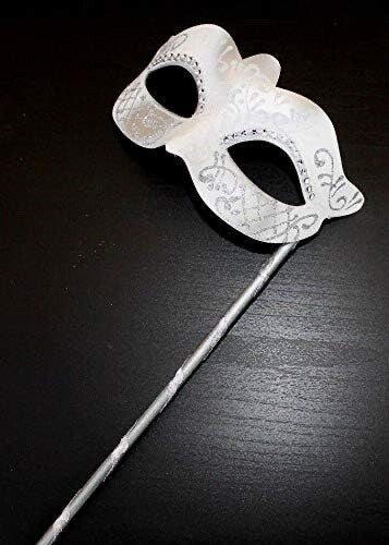 WHITE & SILVER VENETIAN MASQUERADE PARTY WEDDING BALL MASK DIAMONTES HAND HELD