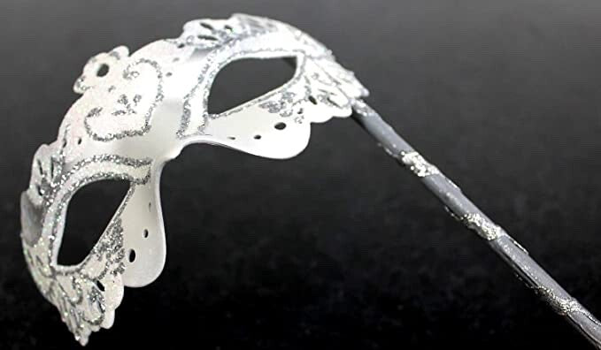 WHITE & SILVER RIALTO VENETIAN MASQUERADE PARTY CARNIVAL BALL ON HAND HELD STICK