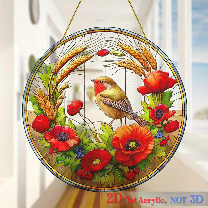 Acrylic Hanging Garden Suncatcher Robin & Flowers 20cm Diameter on Yellow Cord