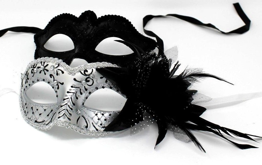 HIS N HERS PAIR COUPLES BLACK  AND SILVER VENETIAN MASQUERADE PARTY EYE MASKS