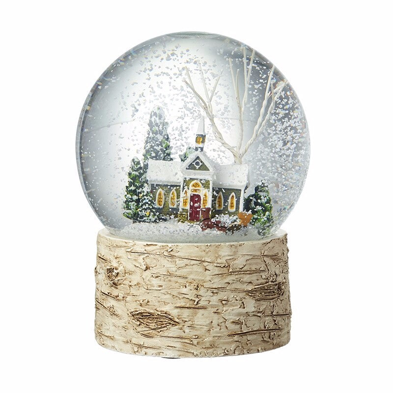 Festive Christmas Church Winter Scene Snow Globe Bark Effect Base 13.1cm Tall