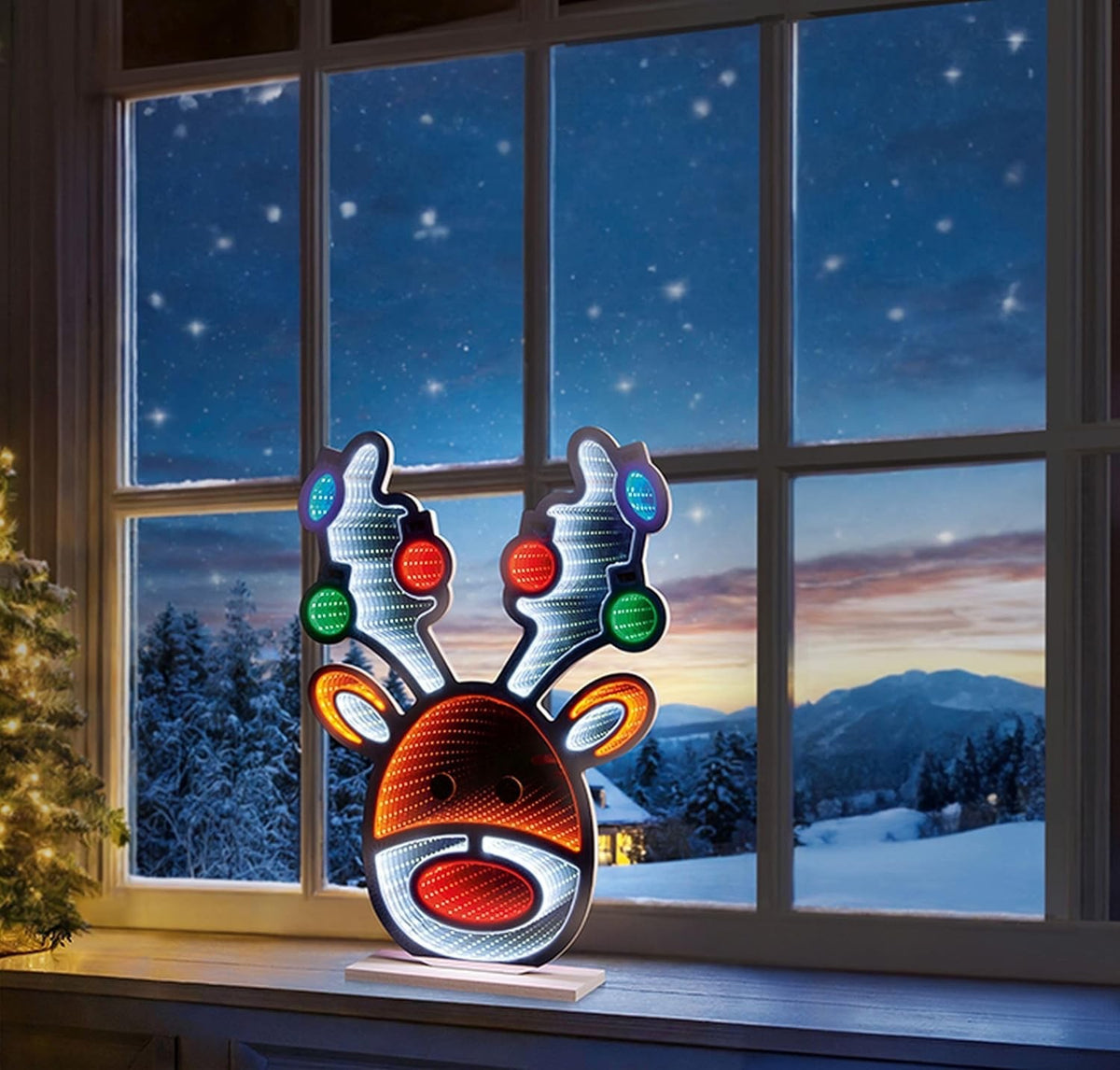 Christmas Stag Head Reindeer Infinity LED Mirror Tunnel Light 3D Decoration 60cm