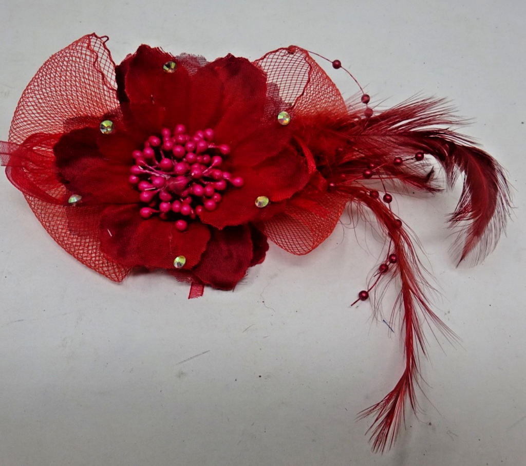 Red Corsage Brooch Fascinator Stiffened Net Fabric Petals Beads Slim Feathers