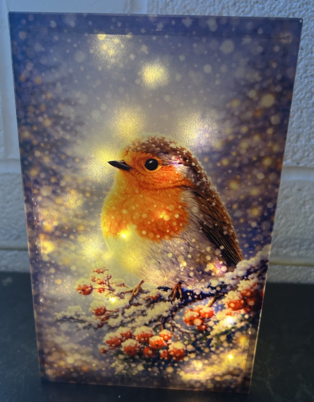 Glass Flashing or Static LEDs Robin Christmas Decoration 21cm Tall Double Sided