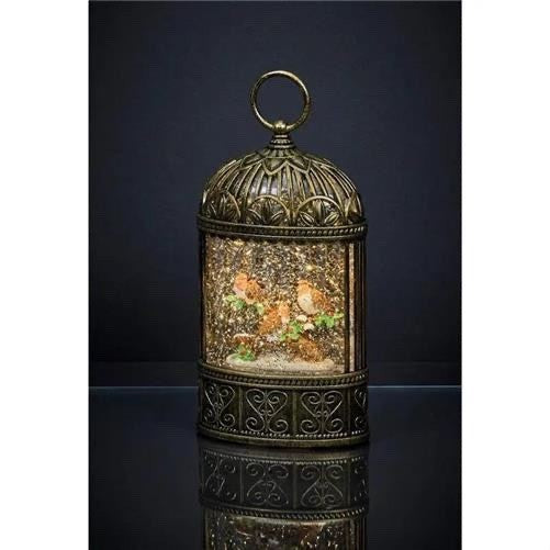 Christmas LED Rustic Gold Water Spinner Glitter Snow Globe Robin Lantern 24cm