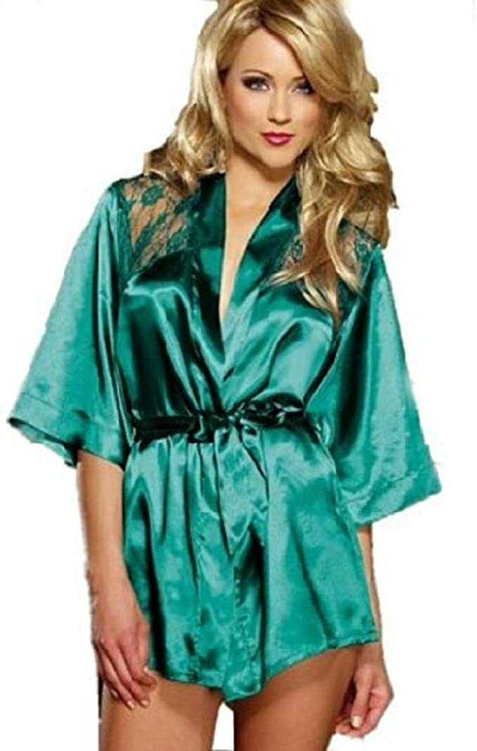 Green Satin Soft & Lace See-Through Kimono/Nightgown/Negligee/Robe & Thong 10-14