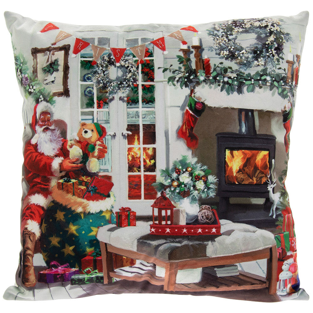 Santa Christmas Winter Festive Scene LED Light Up Cushion with Insert 40 x 40cm