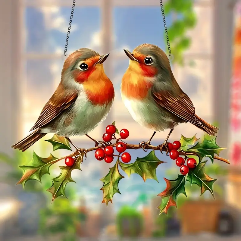 Hanging Acrylic Garden Suncatcher Robins Holly with Berries 20cm Wide on Chain