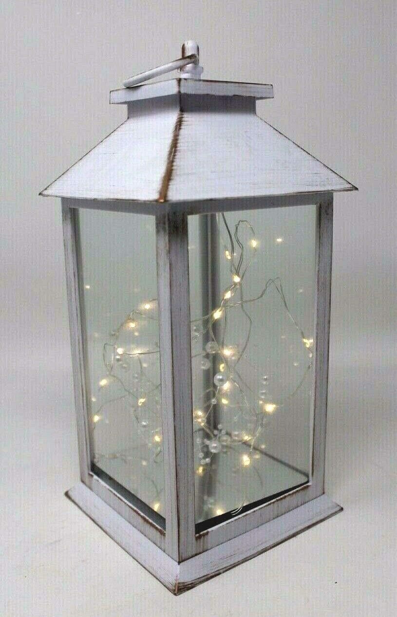Rustic Black White or Bronze Lantern with Internal LED Light String 34cm Tall