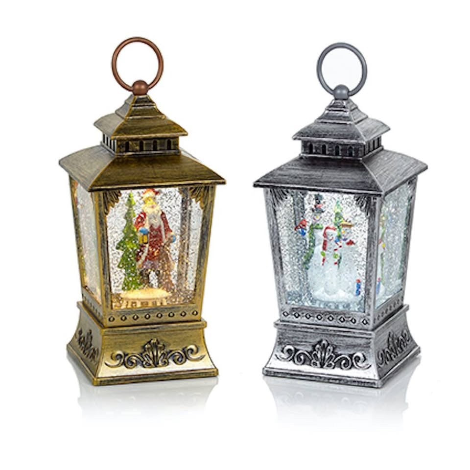 Christmas LED Rustic Gold Water Spinner Trapezoid Lantern Santa Design 24cm High