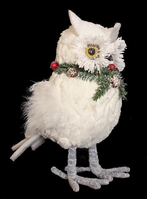 Christmas Festive Fur & Felt Owl Ornament Figurine 25cm Tall Berries & Cones