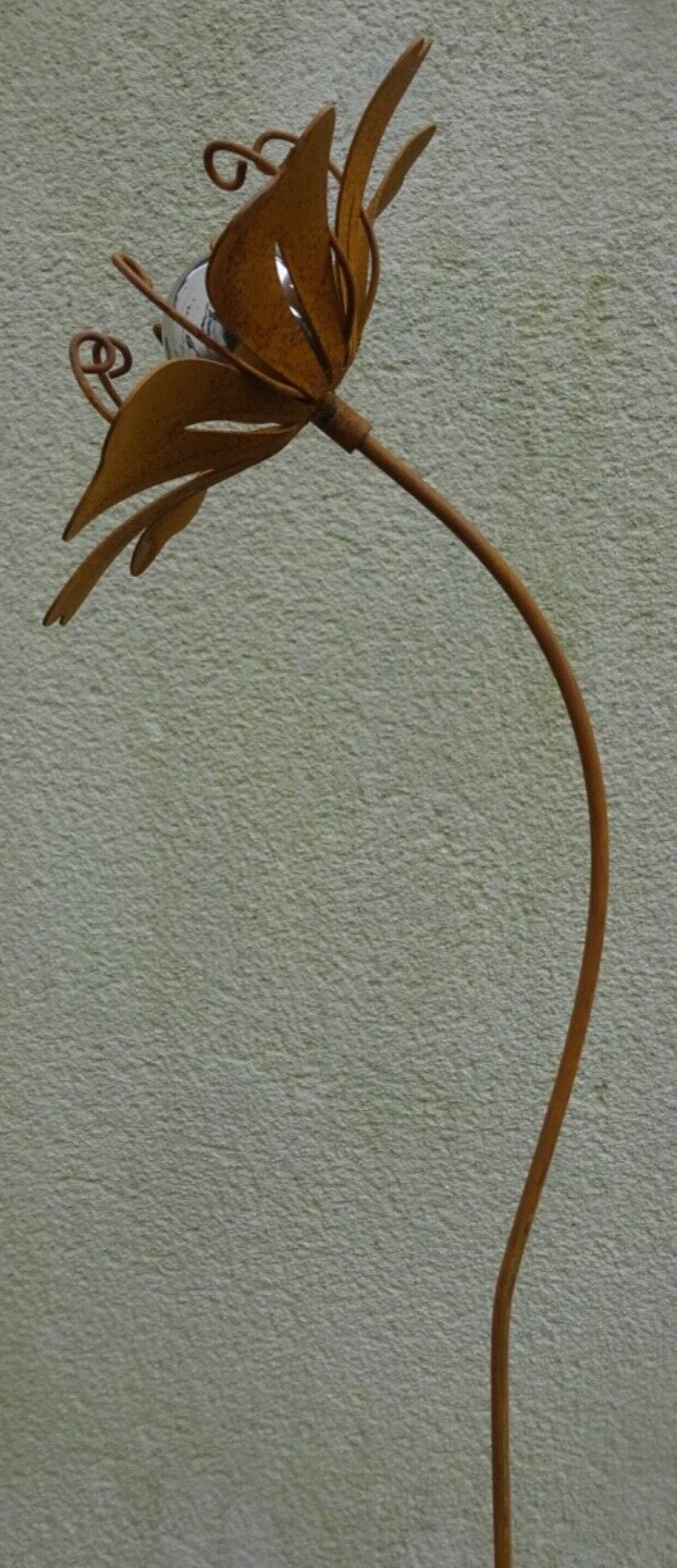Rusty Patina Metal Flower Lily Garden Stake with Stamens & Silver Ball 1m  Tall