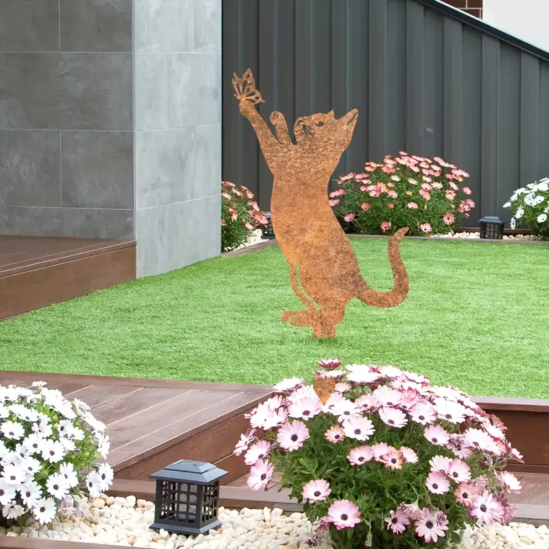 Core-Ten Rusty Cat Kitten Butterfly Garden Ornament Figurine 25cm Long 15cm Deep