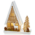 Wooden Freestanding LED Christmas Snowy House with Reindeer & Trees 22cm Tall
